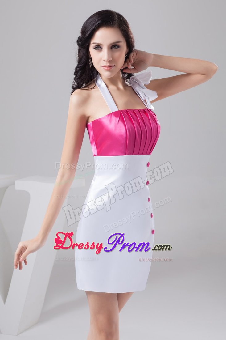 Clasp Handle Halter Top Ruched Prom Gown in Hot Pink and White