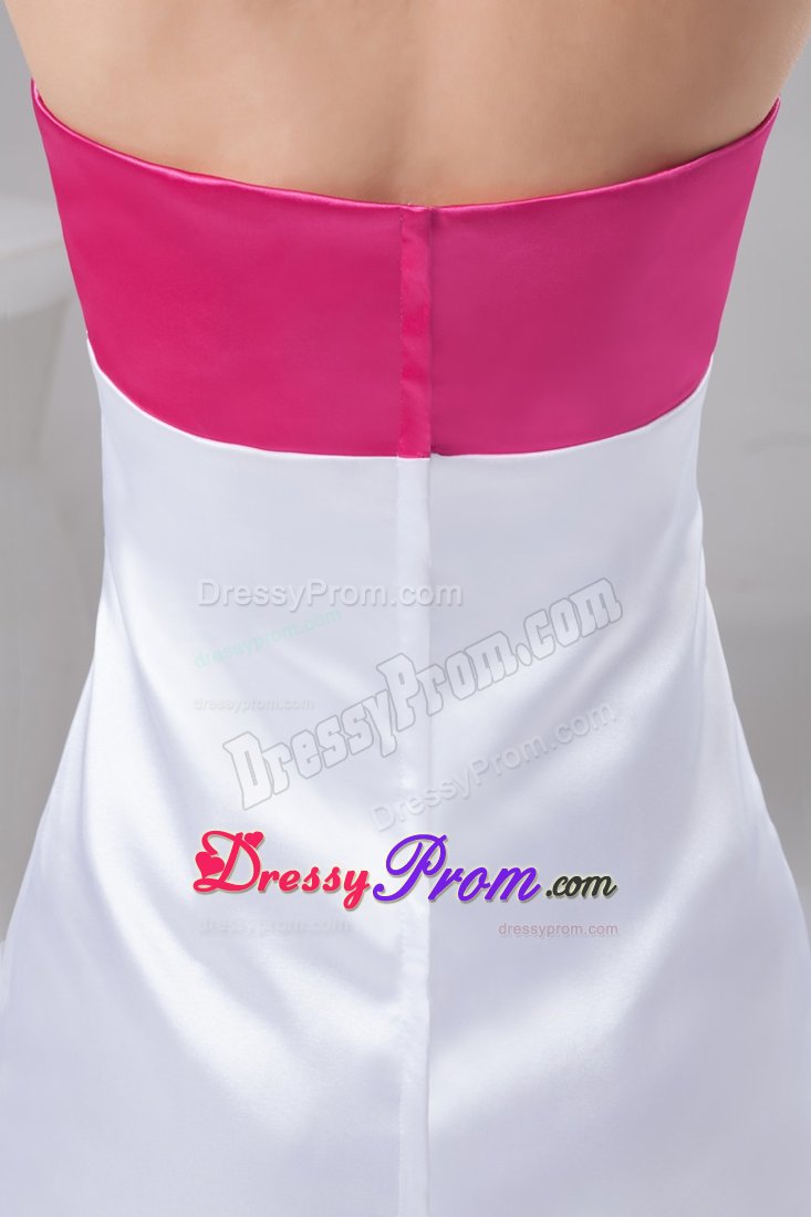 Clasp Handle Halter Top Ruched Prom Gown in Hot Pink and White