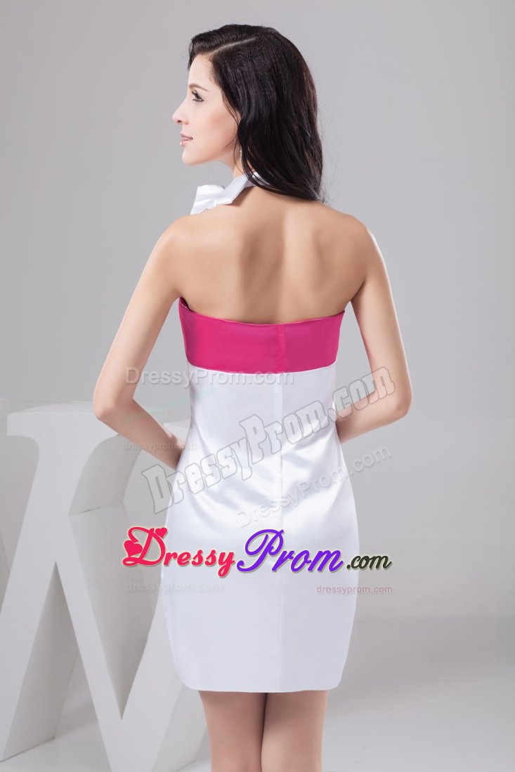 Clasp Handle Halter Top Ruched Prom Gown in Hot Pink and White