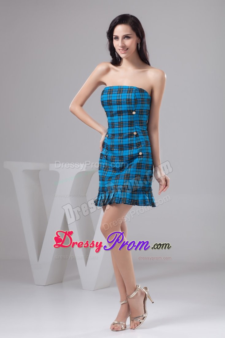 Sheath Mini Blue Prom Dress Made in Fabric with Plaid Pattern