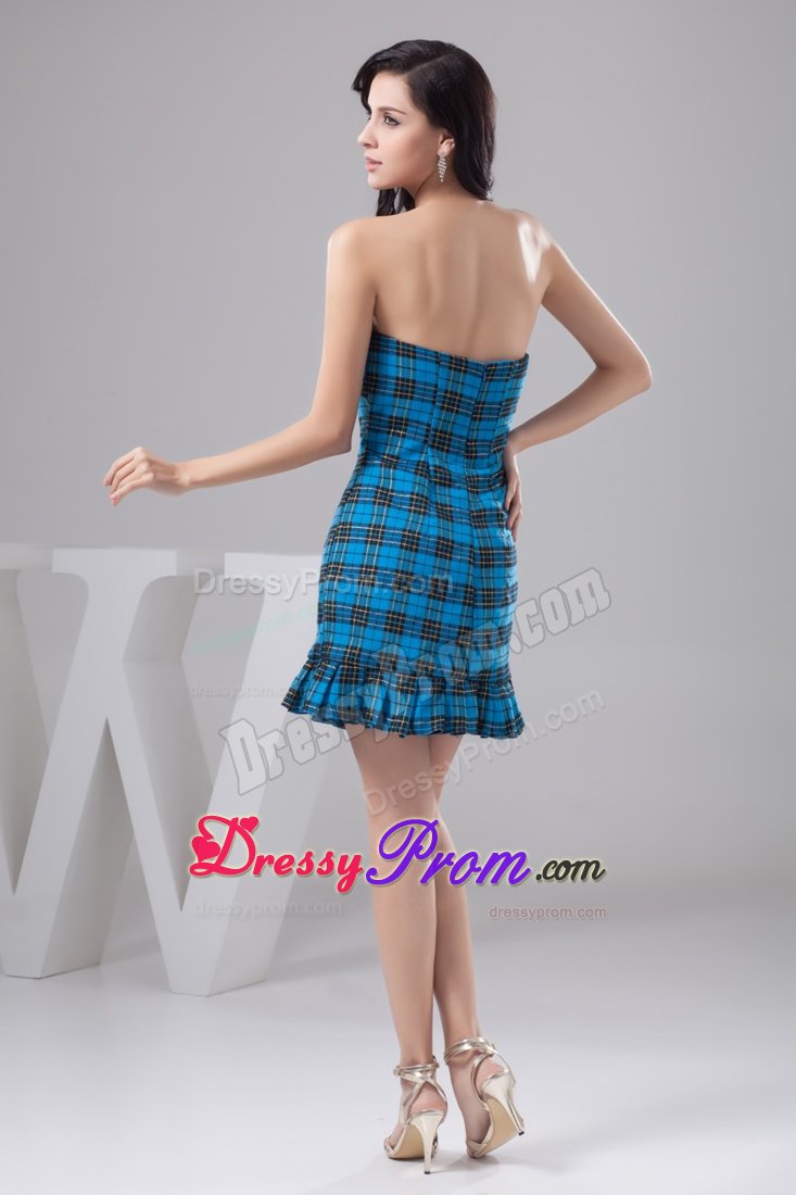 Sheath Mini Blue Prom Dress Made in Fabric with Plaid Pattern