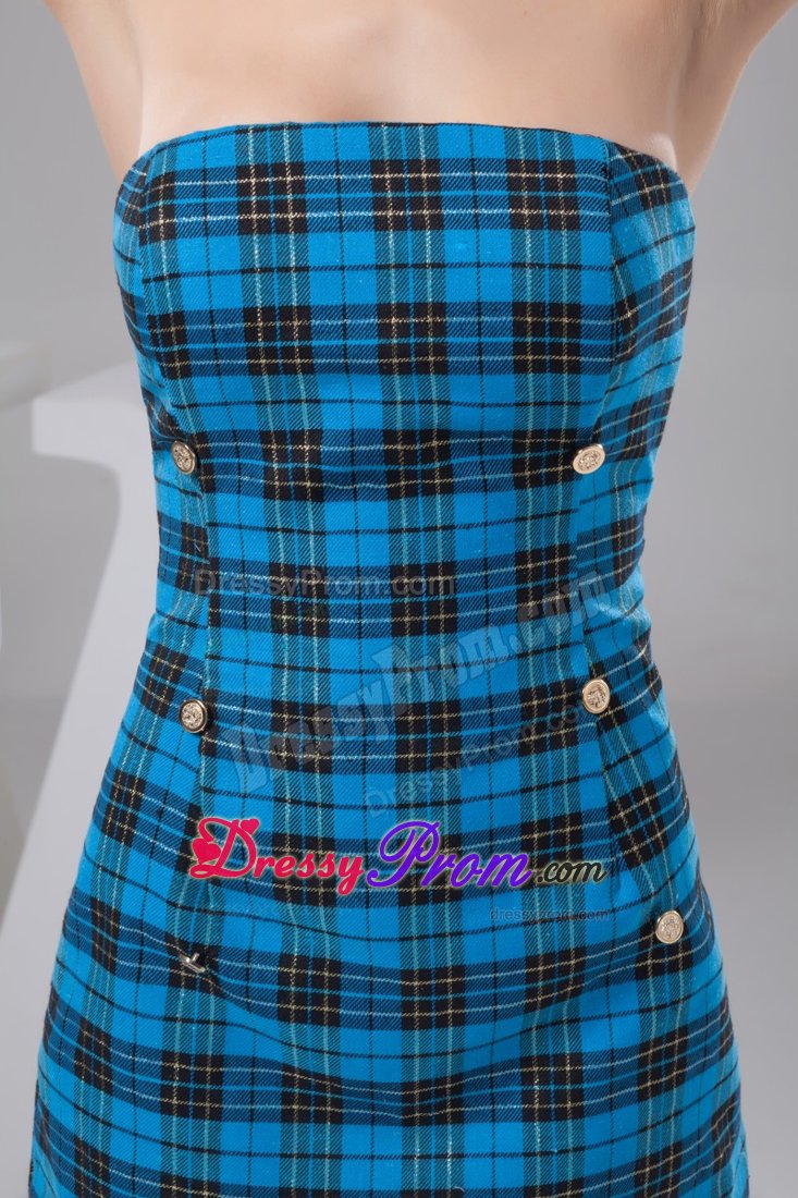 Sheath Mini Blue Prom Dress Made in Fabric with Plaid Pattern