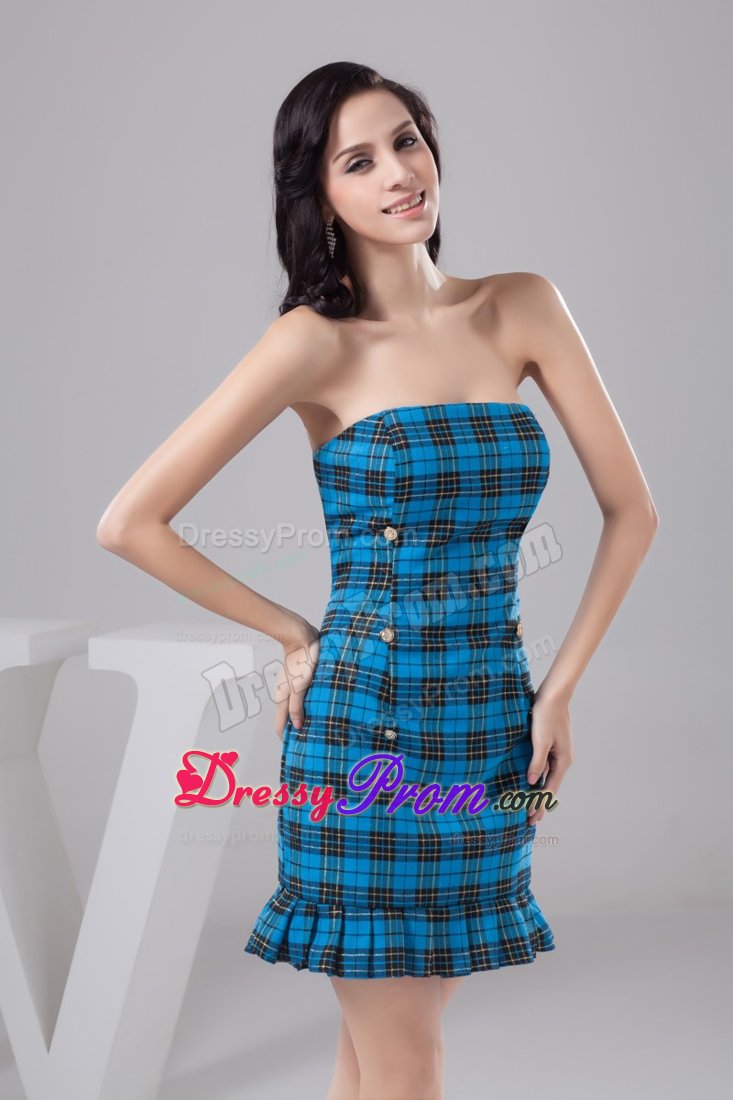 Sheath Mini Blue Prom Dress Made in Fabric with Plaid Pattern