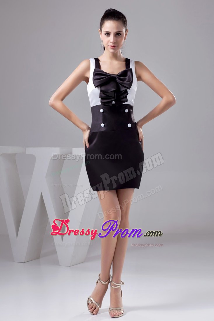 Black and White Square Prom Dress with Button and Bowknot
