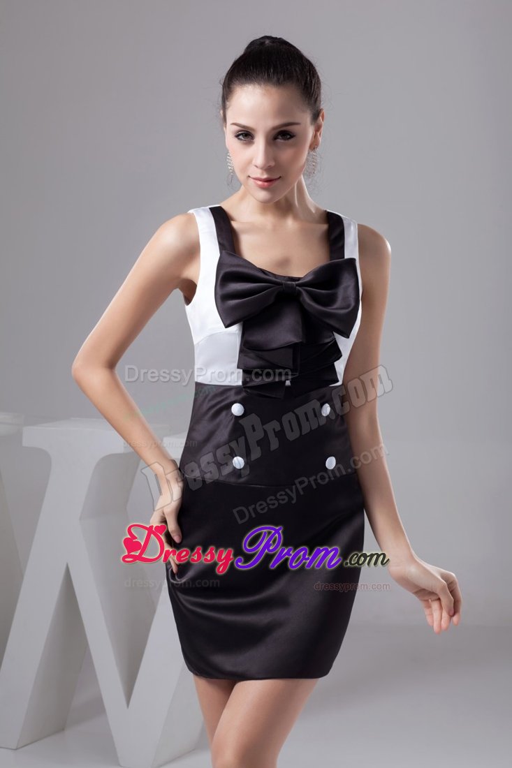 Black and White Square Prom Dress with Button and Bowknot