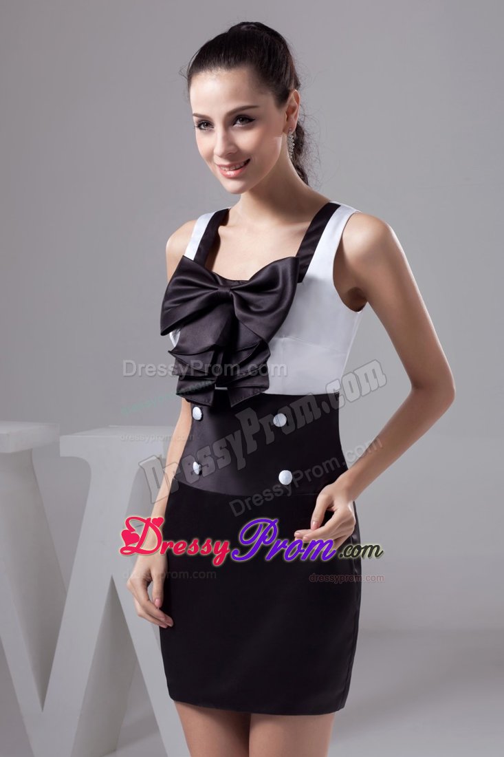 Black and White Square Prom Dress with Button and Bowknot