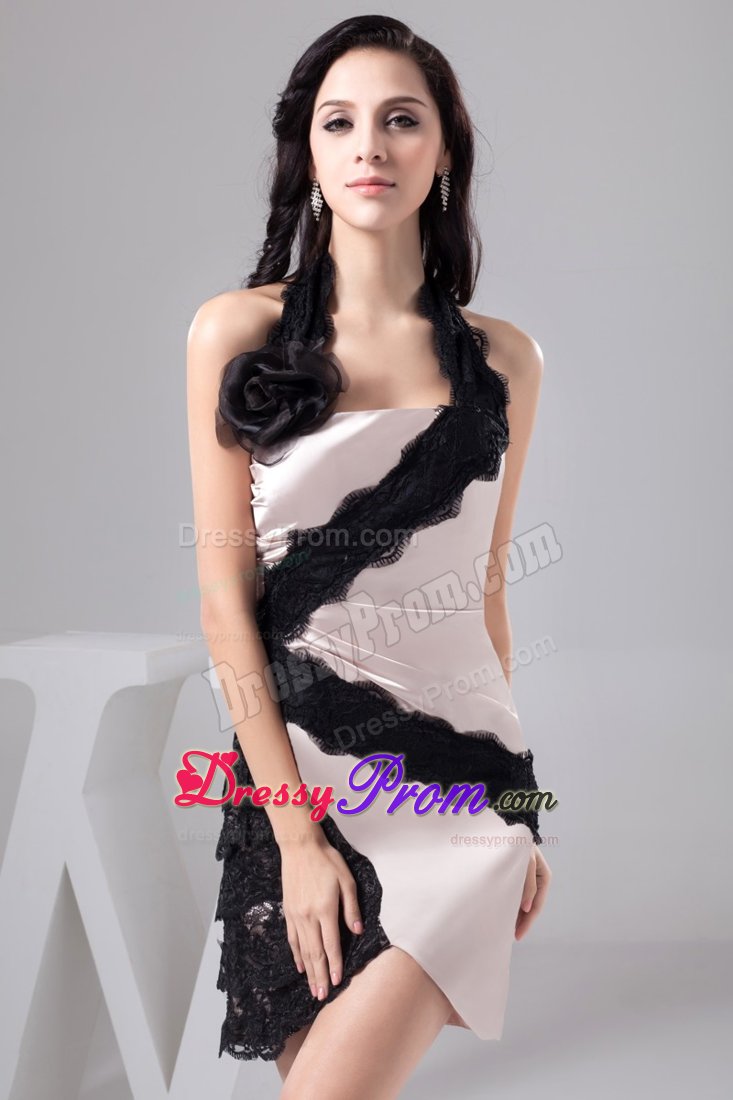 Halter Top Lace Decorated Prom Gown Dress with Hand Flower