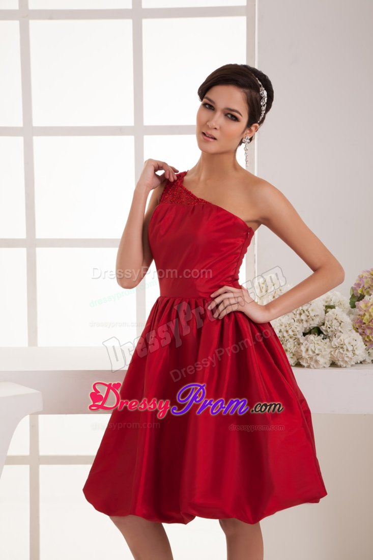 A-line One Shoulder Beaded Wine Red Prom Dress to Knee-length