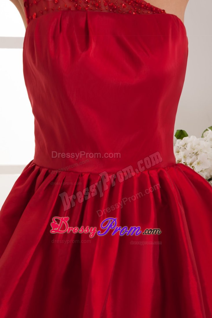 A-line One Shoulder Beaded Wine Red Prom Dress to Knee-length