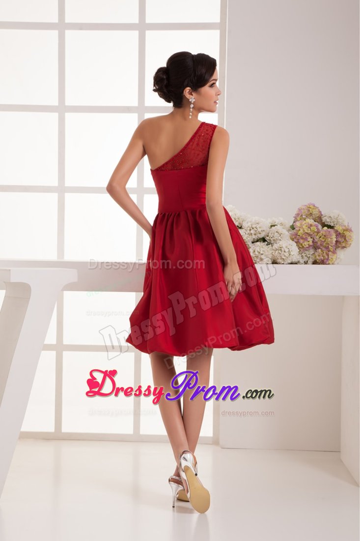 A-line One Shoulder Beaded Wine Red Prom Dress to Knee-length