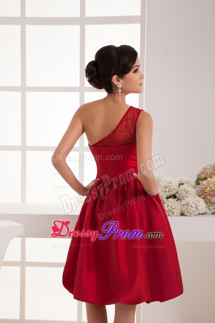 A-line One Shoulder Beaded Wine Red Prom Dress to Knee-length