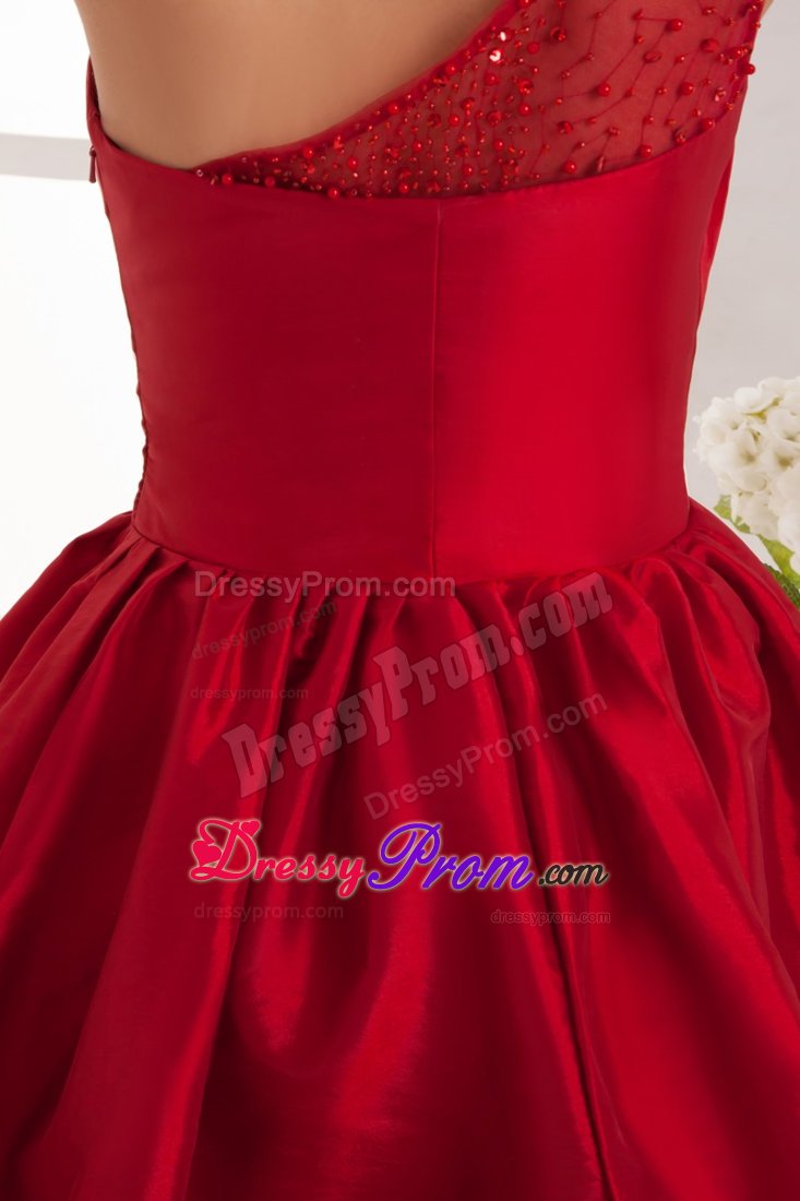 A-line One Shoulder Beaded Wine Red Prom Dress to Knee-length