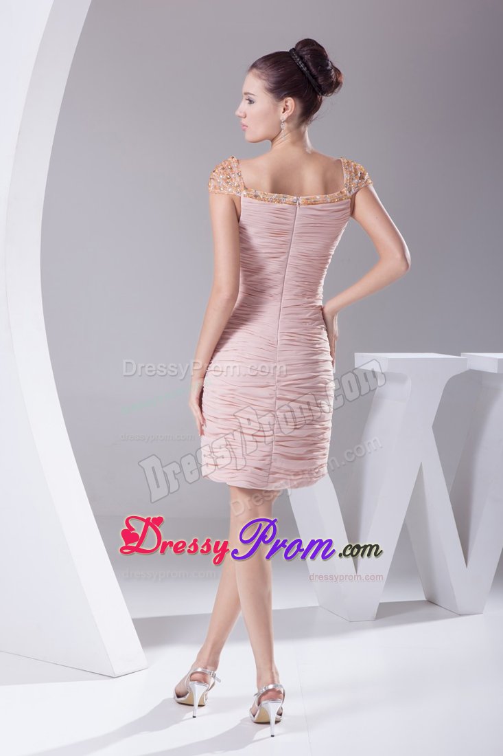 Beading Cap Sleeves and Ruching Throughout for Pink Prom Dress