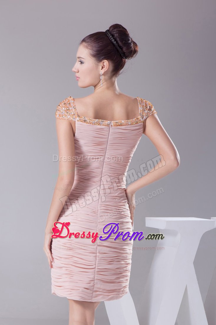 Beading Cap Sleeves and Ruching Throughout for Pink Prom Dress