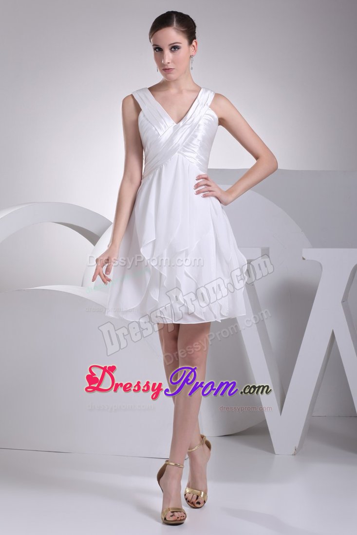 Ruffles and Ruching Decorated Princess V-neck Prom Gowns in White