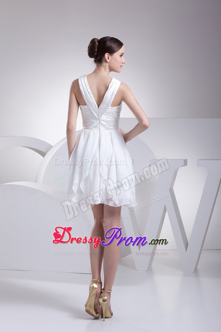 Ruffles and Ruching Decorated Princess V-neck Prom Gowns in White