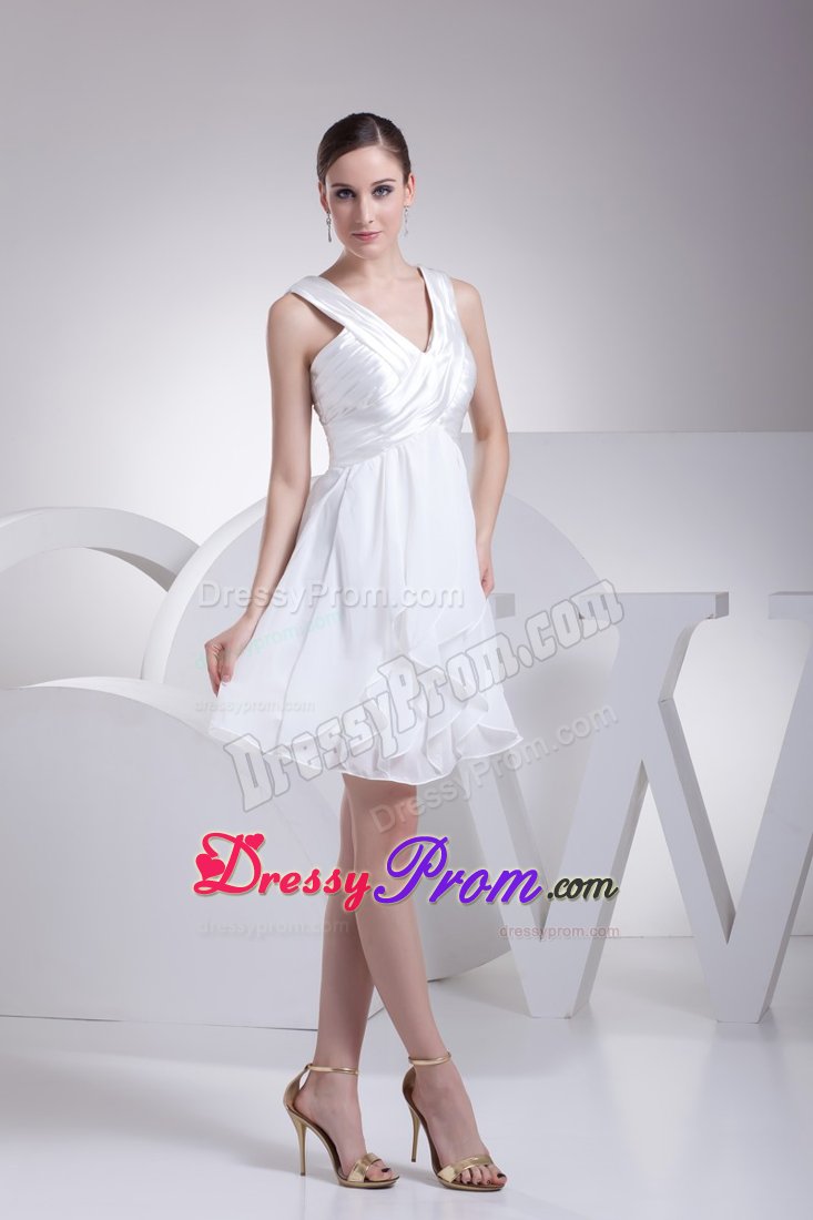 Ruffles and Ruching Decorated Princess V-neck Prom Gowns in White