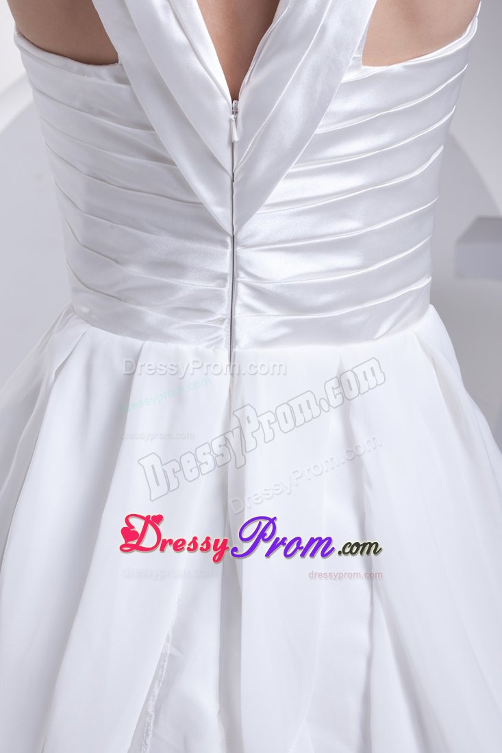 Ruffles and Ruching Decorated Princess V-neck Prom Gowns in White