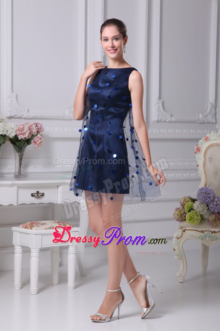 Net Dotted Sequins Overlay Dark Blue Mini Scoop Prom Dresses
