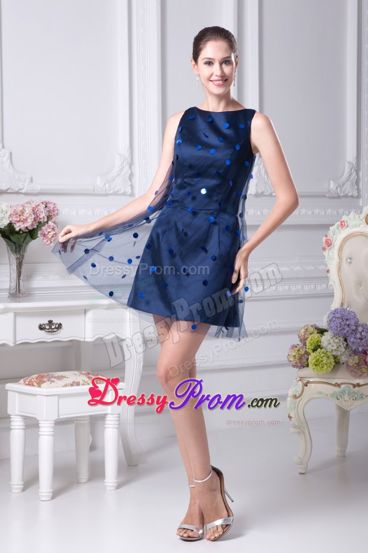 Net Dotted Sequins Overlay Dark Blue Mini Scoop Prom Dresses