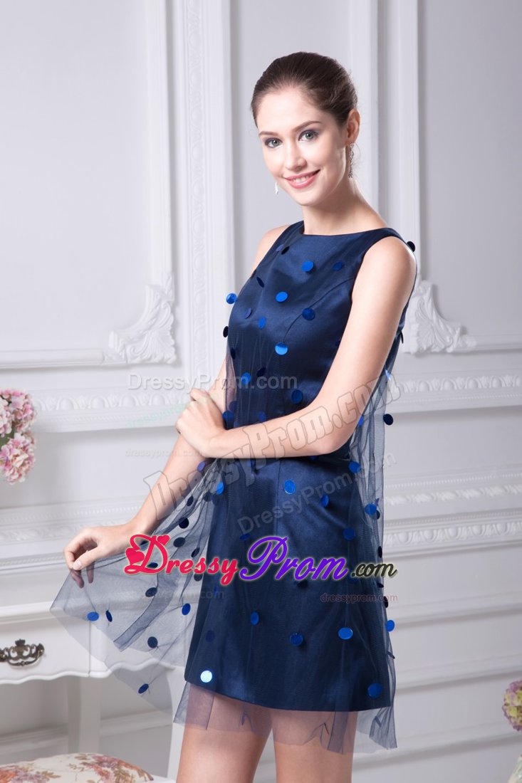 Net Dotted Sequins Overlay Dark Blue Mini Scoop Prom Dresses