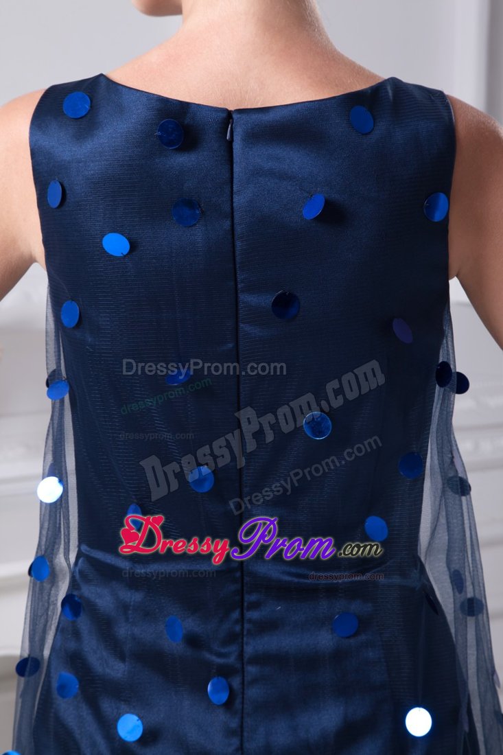Net Dotted Sequins Overlay Dark Blue Mini Scoop Prom Dresses