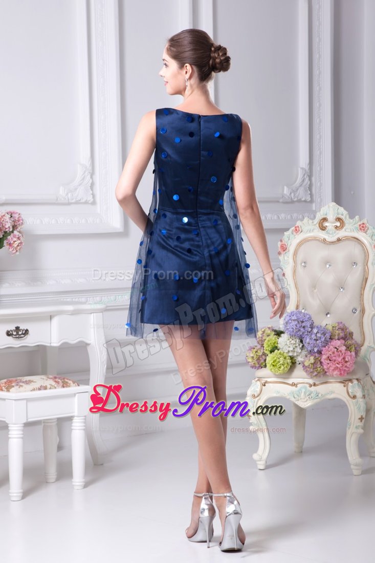 Net Dotted Sequins Overlay Dark Blue Mini Scoop Prom Dresses