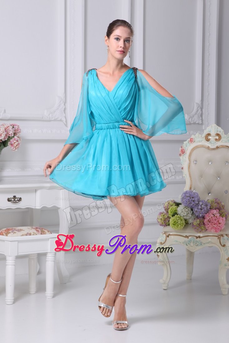 Unique V-neck Aqua Blue Mini Prom Dress with Open Sleeves