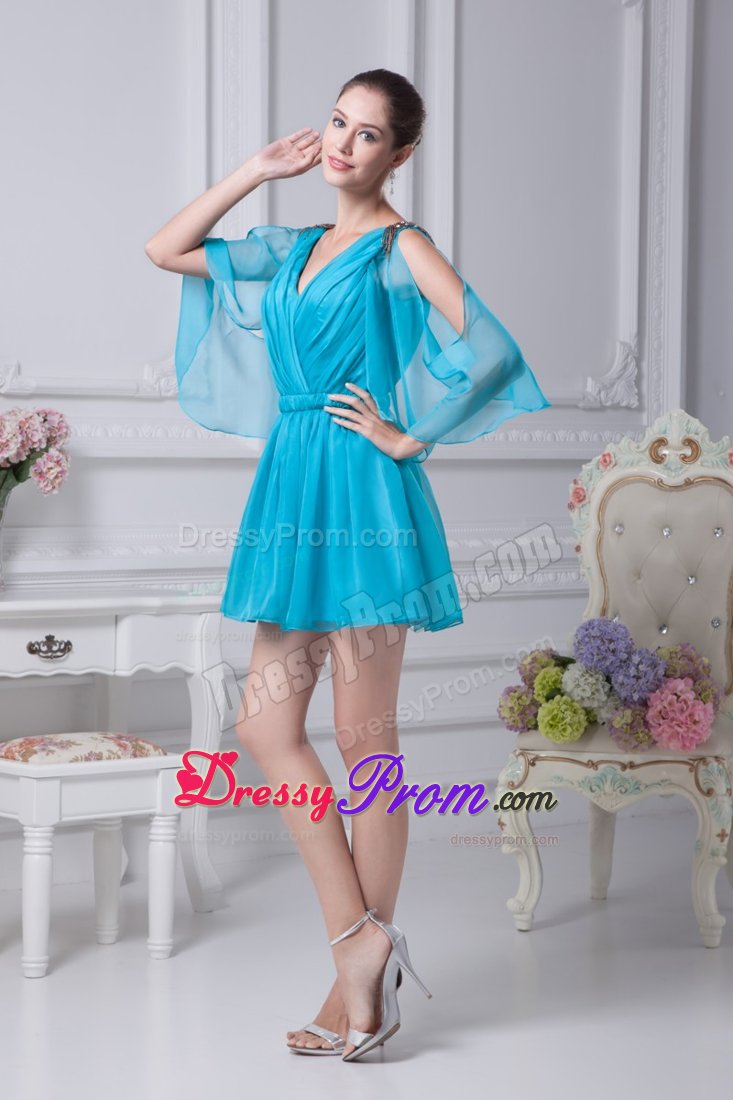 Unique V-neck Aqua Blue Mini Prom Dress with Open Sleeves
