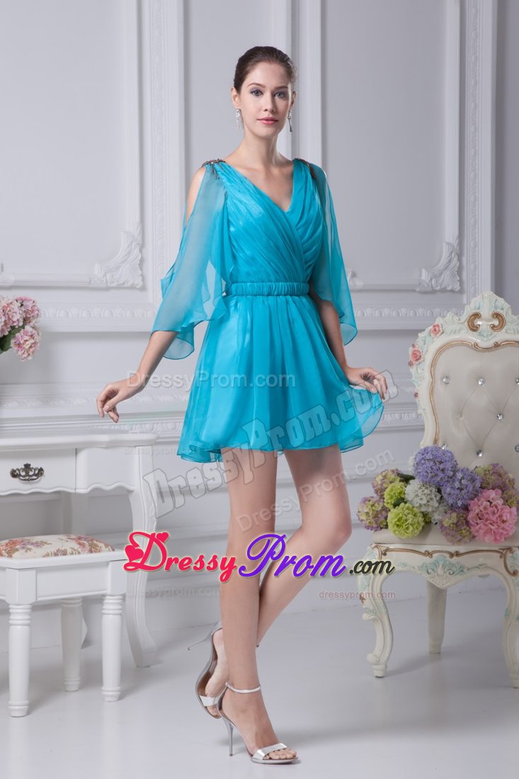 Unique V-neck Aqua Blue Mini Prom Dress with Open Sleeves