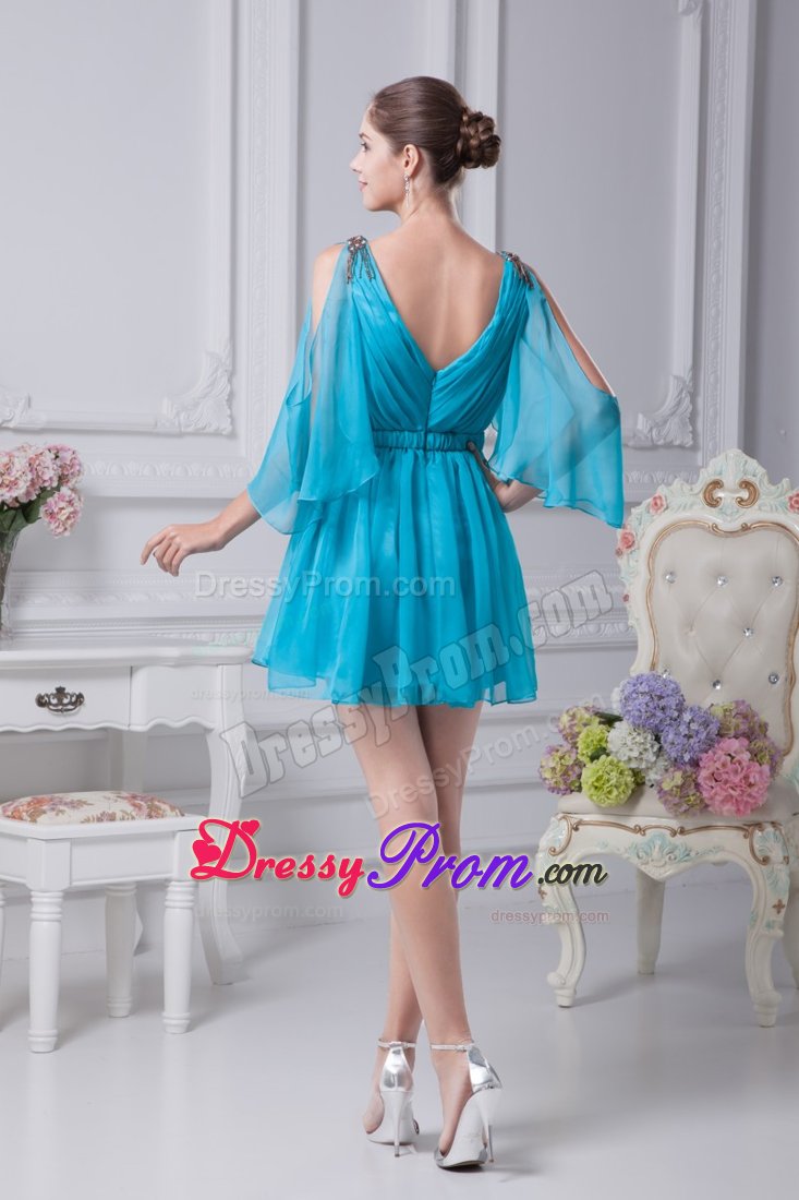 Unique V-neck Aqua Blue Mini Prom Dress with Open Sleeves