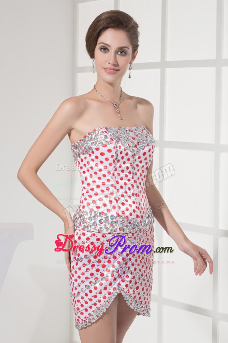 Beaded White Mini Prom Homecoming Dress with Red Polka Dots