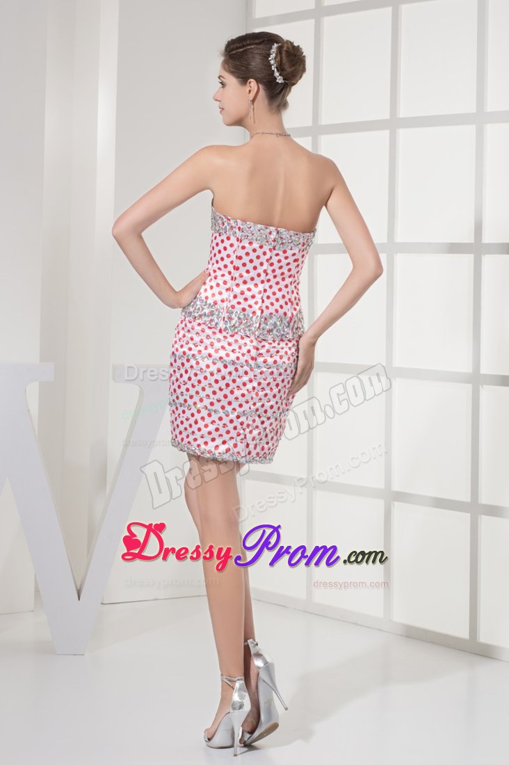 Beaded White Mini Prom Homecoming Dress with Red Polka Dots