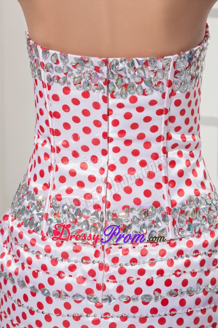 Beaded White Mini Prom Homecoming Dress with Red Polka Dots