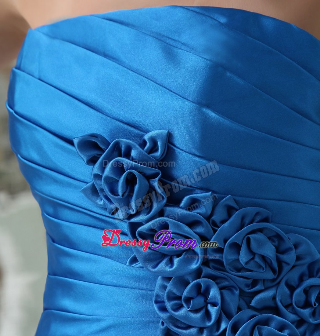 Blue Ruched Prom Dress with Hand Made Flower Crossed Waist