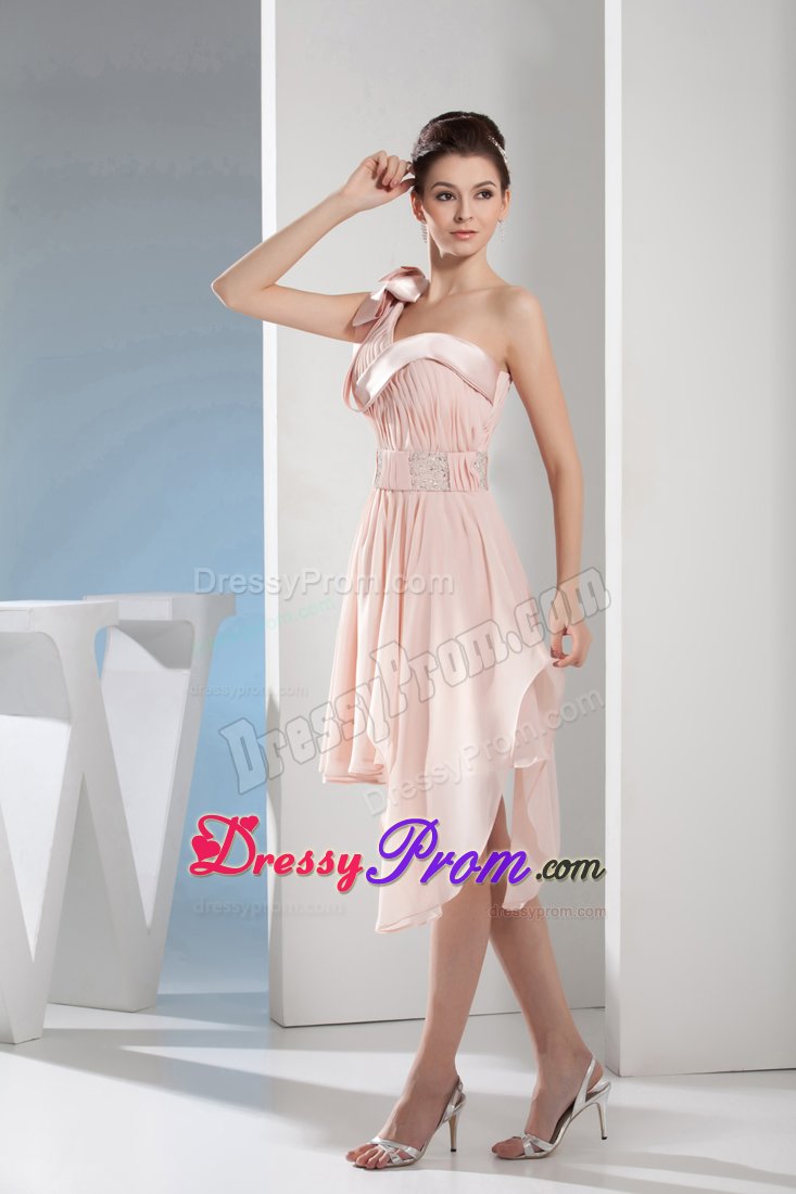 Pink Beaded One Shoulder A-Line Short Bowknot Prom Gown Dress