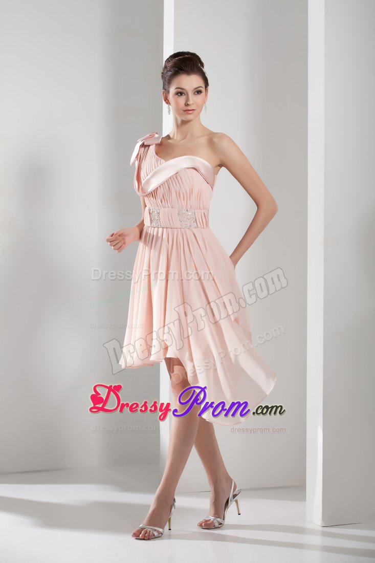 Pink Beaded One Shoulder A-Line Short Bowknot Prom Gown Dress