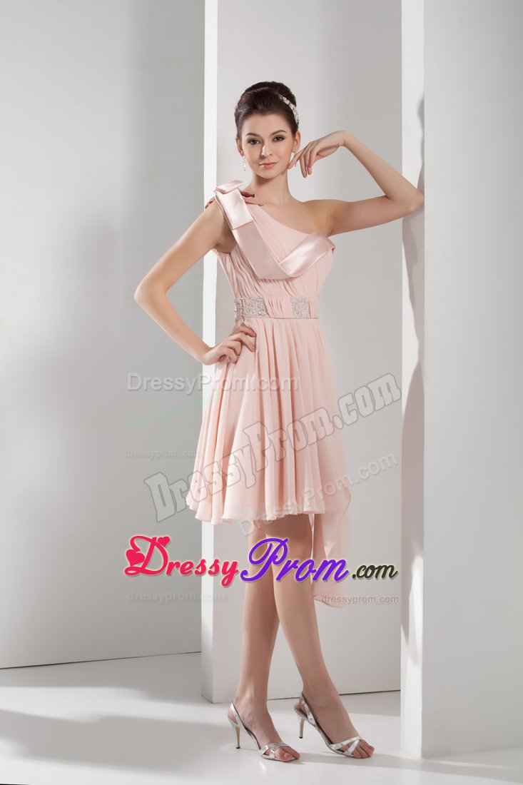 Pink Beaded One Shoulder A-Line Short Bowknot Prom Gown Dress