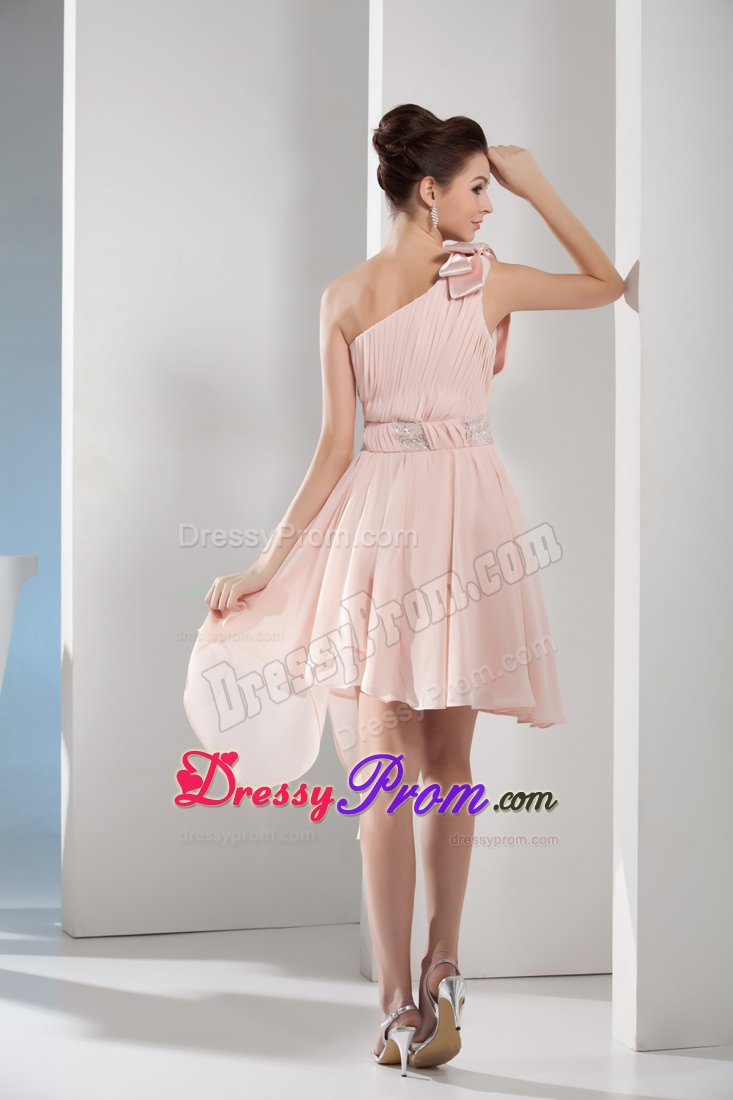 Pink Beaded One Shoulder A-Line Short Bowknot Prom Gown Dress
