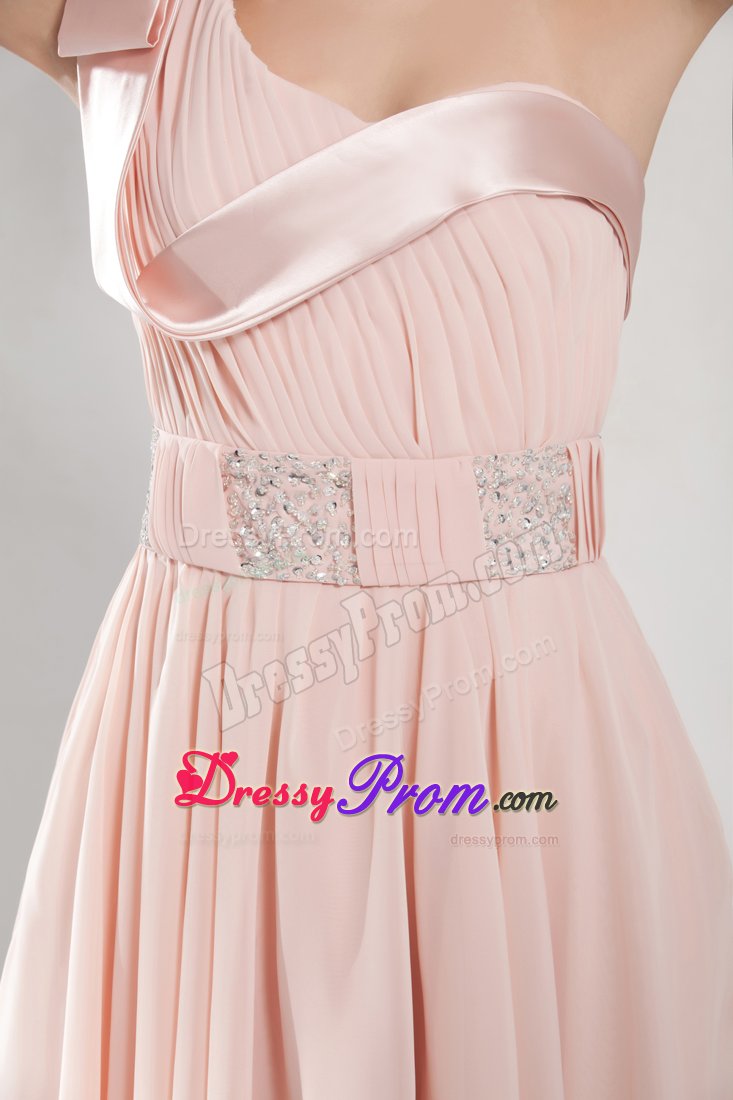 Pink Beaded One Shoulder A-Line Short Bowknot Prom Gown Dress