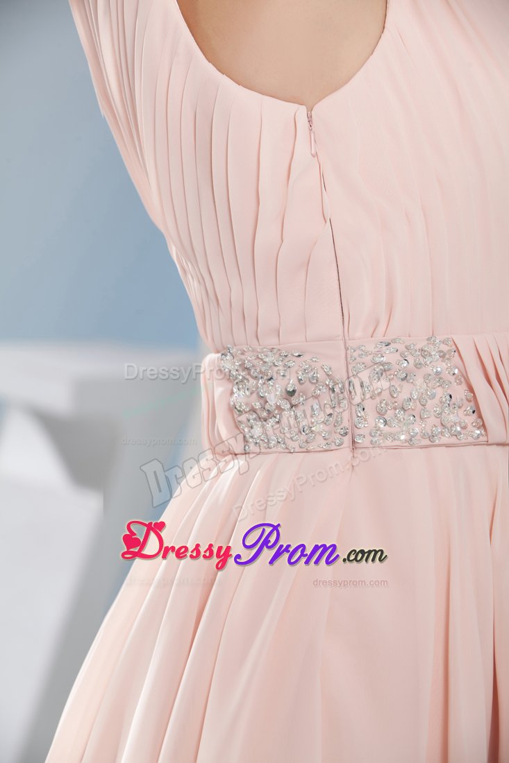 Pink Beaded One Shoulder A-Line Short Bowknot Prom Gown Dress