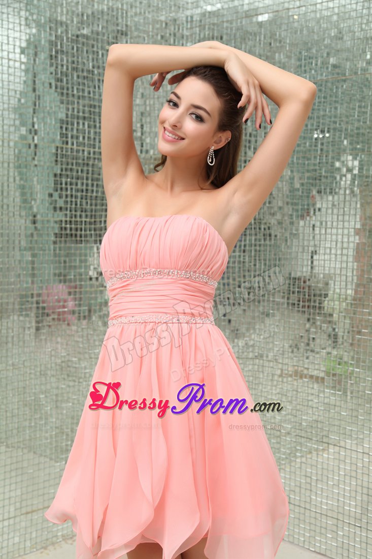 Strapless Baby Pink Beaded Prom Dress with Asymmetrical Ruffles