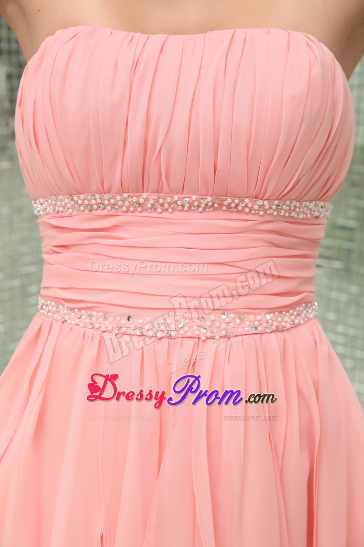 Strapless Baby Pink Beaded Prom Dress with Asymmetrical Ruffles