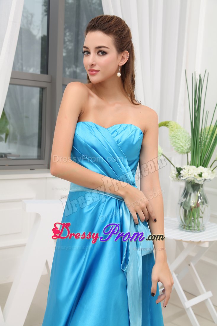 Blue Knee-length Sweetheart Ruche Sashed Prom Dress in New York