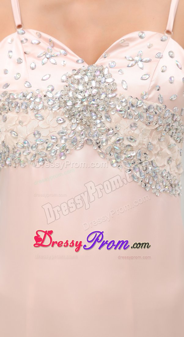 Light Pink Beaded Straps Brush Train Prom Gown with High Slit