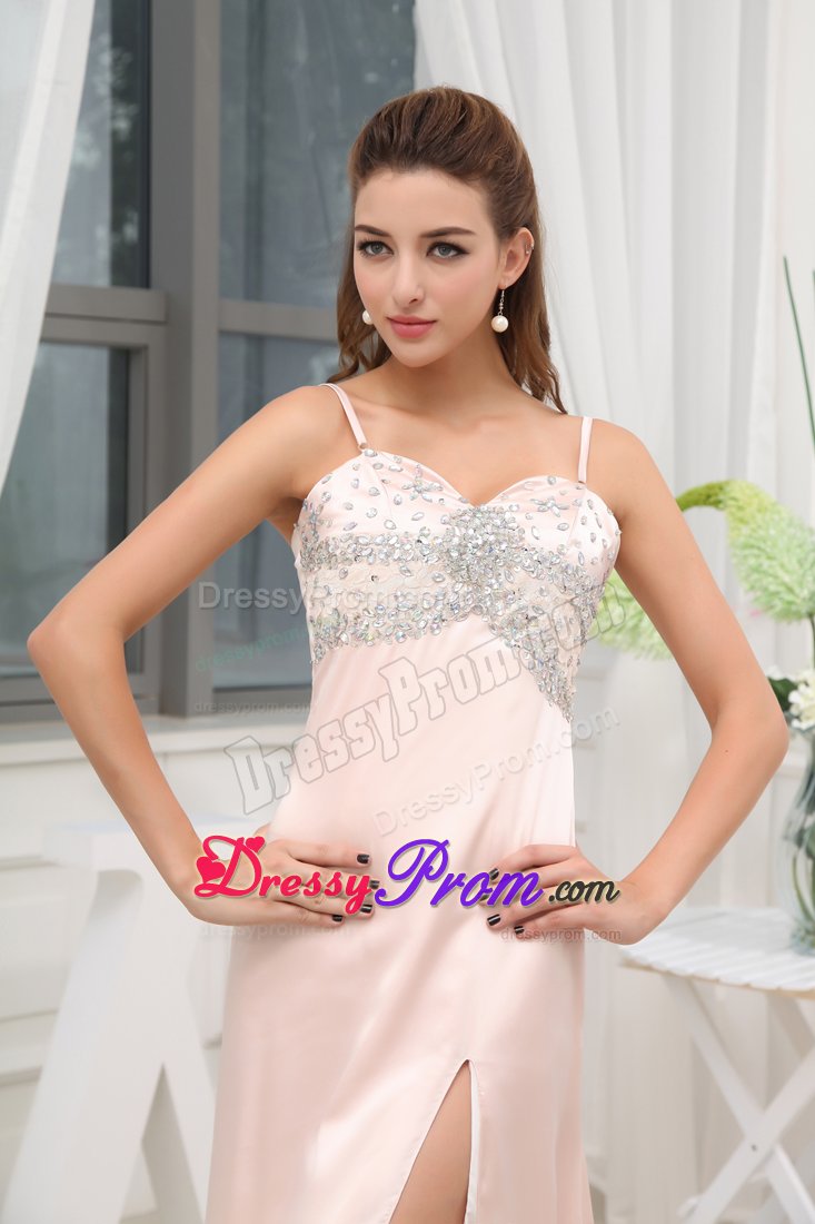 Light Pink Beaded Straps Brush Train Prom Gown with High Slit