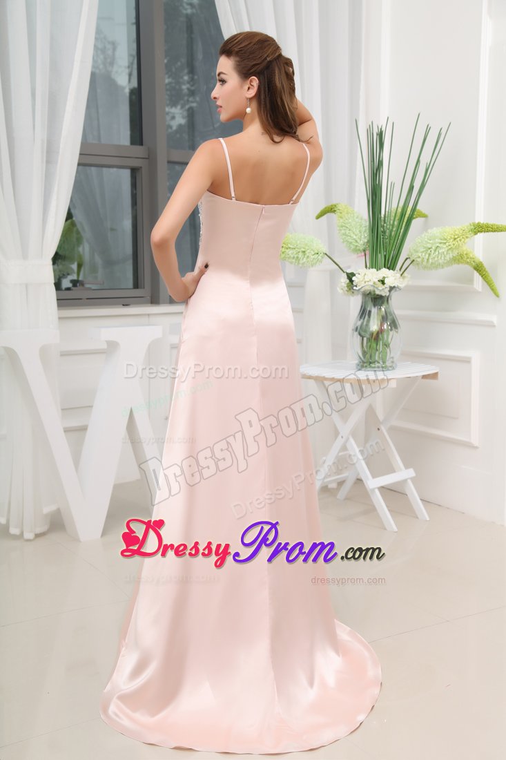 Light Pink Beaded Straps Brush Train Prom Gown with High Slit