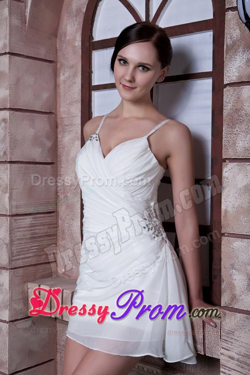 Spaghetti Straps White Chiffon Beads Prom Dress in Mini-length