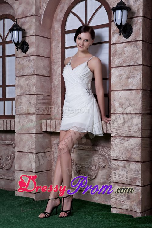 Spaghetti Straps White Chiffon Beads Prom Dress in Mini-length