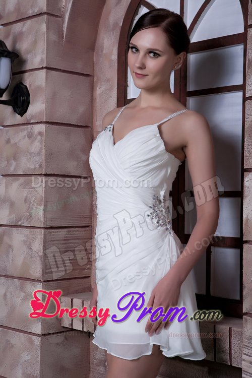 Spaghetti Straps White Chiffon Beads Prom Dress in Mini-length